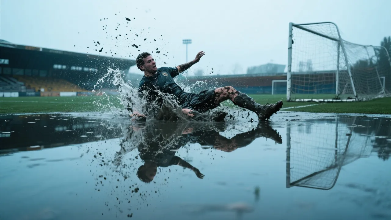 低机位拍摄足球场积水反光，球员滑铲溅起水花，灰暗天空与球场灯光营造电影感