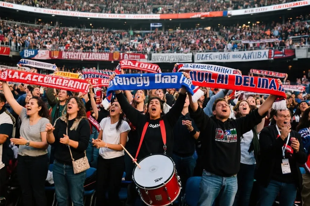 世界杯观赛区的合唱现场，鼓点与举起的围巾，人群多元，纪实摄影