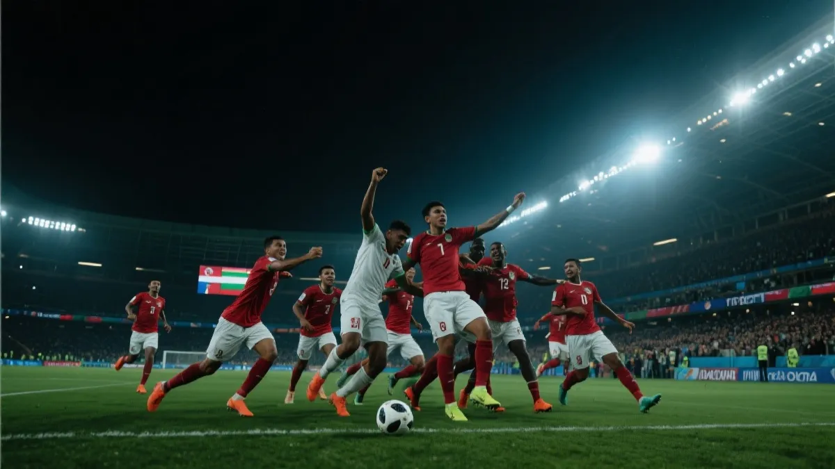 小国球队在世界杯舞台上拼搏的画面概念